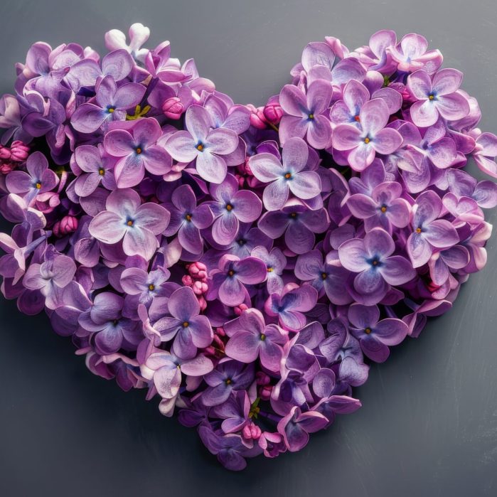 A close-up photograph of purple hydrangea flowers arranged in the shape of a heart on a grey background.